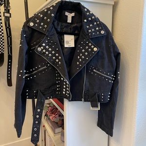 Black Washed Jean Studded Crop Jacket